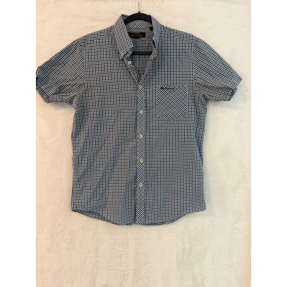 Ben Sherman Mens Blue Gingham Check Short Sleeve Button Down Shirt Size M